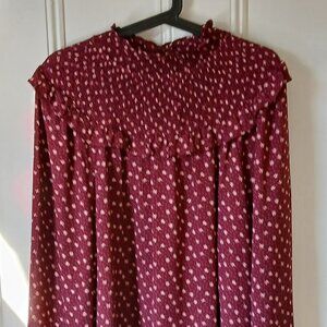 LOFT smocked, high neck blouse maroon color w small flowers (looks like Sezane)